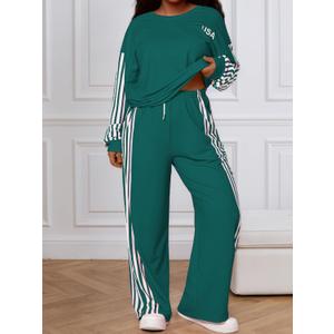 Women's 2 Piece Tracksuits Plus Size Lounge Set Contrast Striped Wide Leg Pants Travel Outfits (1X-Large Plus, Deep Green)