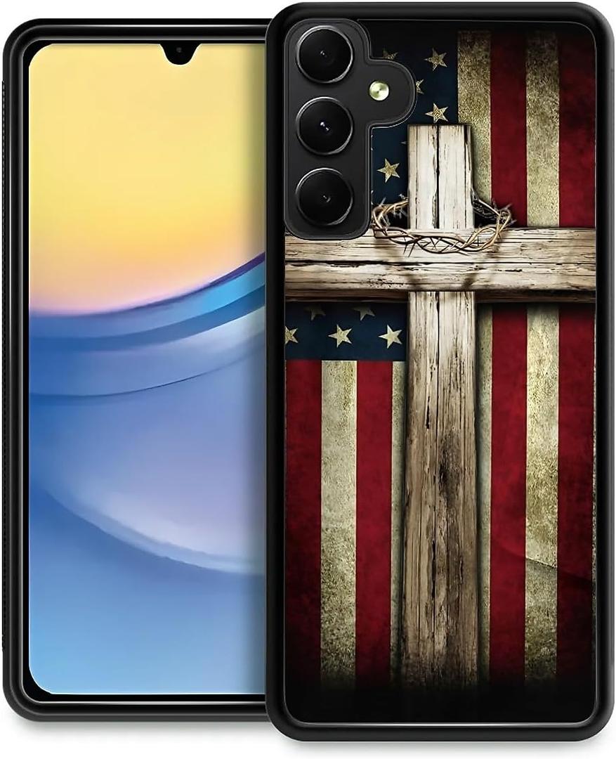 for Samsung Galaxy A15 Case 6.5 with Cross American Flag Four Corner Airbag Protection Design Soft Silicone Frame Personalized Pattern Case Compatible with Samsung Galaxy A15 for Men