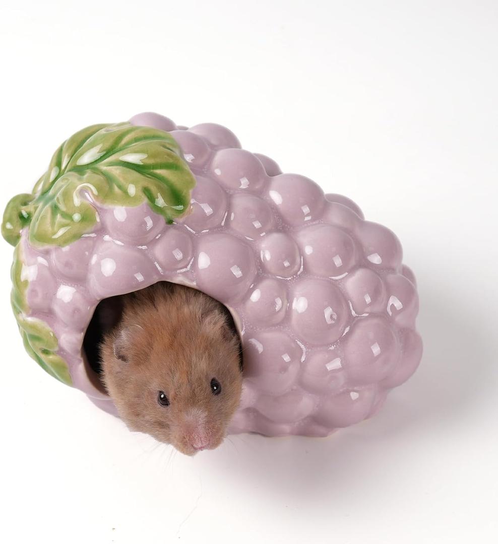 Ceramic Hamster Hideout,Grape Dwarf Hamster House,Guinea Pig Habitat Decor, Hideaway House for Gerbil, Cool Bed for All Season (Purple)