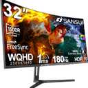 SANSUI 32-Inch Curved Gaming Monitor WQHD 2560 x 1440 180Hz Curved 1500R -1ms(OD), HDR, 300nits, sRGB 125%, DCI-P3 95%, FreeSync, HDMI x2, DP1.2x2(ES-G32C3 DP Cable Included)