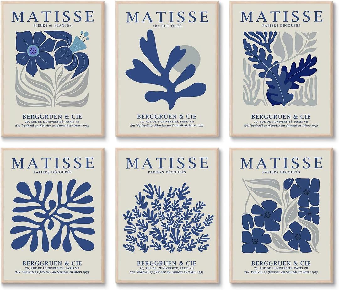 6 Pcs Navy Blue Matisse Wall Art Preppy Flower Market Paintings Prints Posters Trendy Abstract Aesthetic Minimalist Boho Gallery Canvas Wall Decor for Living Room Bedroom Bathroom 8x10in Unframed, 8"Wx10"H