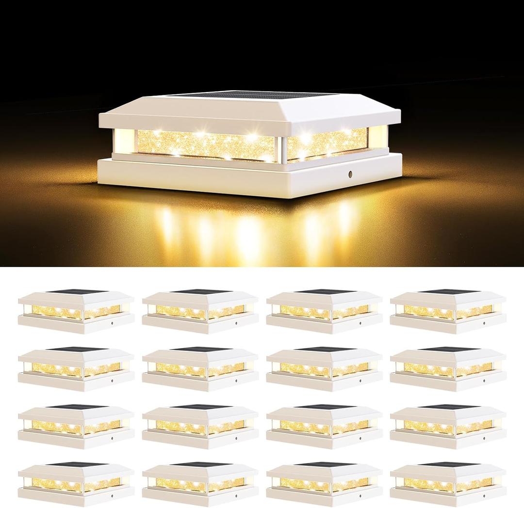 4x4 Solar Post Cap Lights Outdoor 16 Packs for 5x5 Vinyl/Wooden Posts, Waterproof Solar Powered Fence Cap Light with Warm/Cool Lighting, White 16LEDs Deck Caps Lights for Yard, Garden, Patio