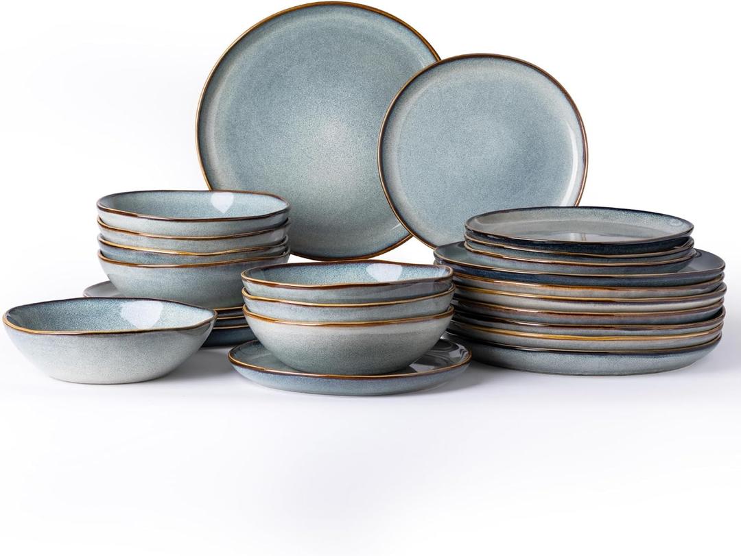 AmorArc Ceramic Dinnerware Sets,Handmade Reactive Glaze Stoneware Plates and Bowls Set,Highly Chip and Crack Resistant | Dishwasher & Microwave Safe,Service for 8 Dishes Set (24pc) (Ocean)