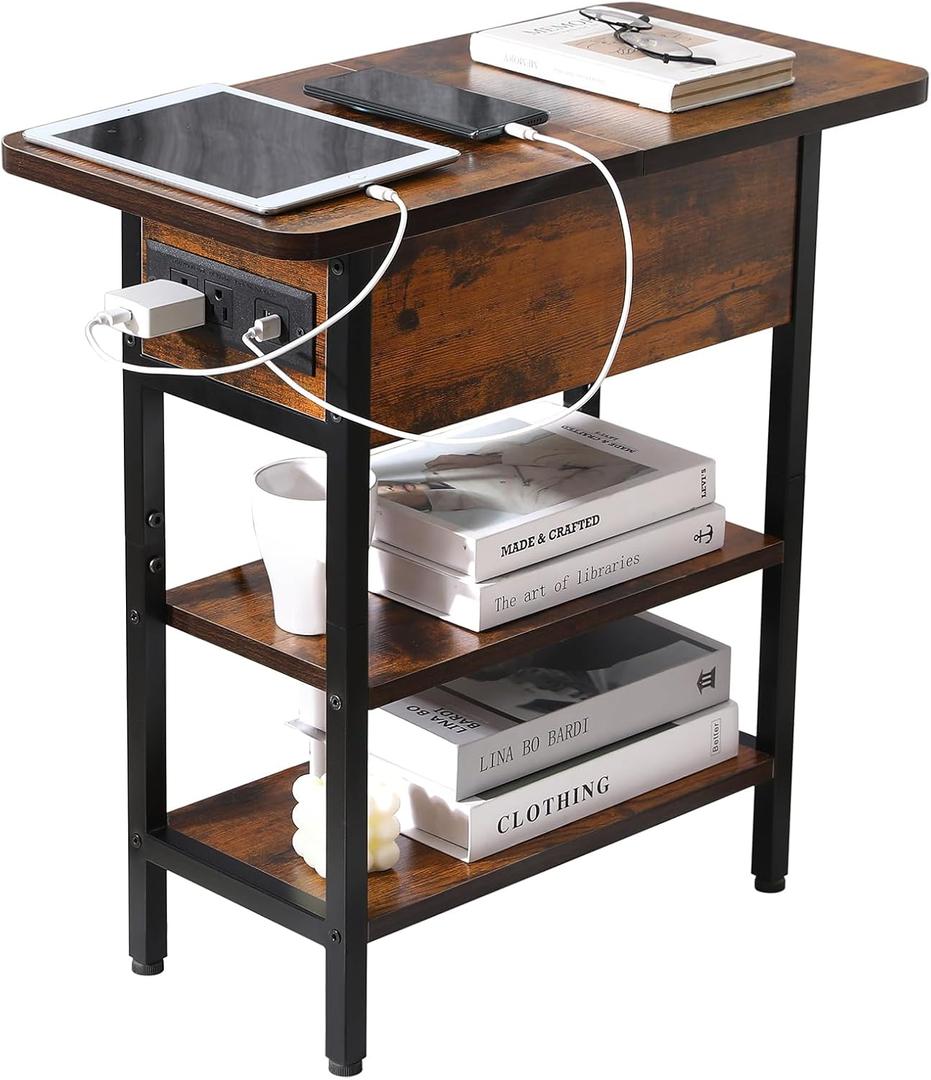 End Table with Charging Station, Narrow Side Table with USB Ports & Outlets, Flip-Top Nightstand with Storage Shelf, Small Bedside Table for Living Room, Bedroom, Small Space,Rustic Brown