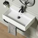 Wall Mount Rectangular Vessel Sink with Towel Rack, QISHKA 24"x14" Modern Ceramic Bathroom Floating Sink, White Rectangle Vanity Sink with Overflow, Wall Hung Wash Hand Basin, 24" x 14.2" x 5.1"