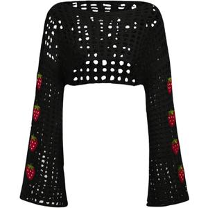 SHENHE Women's Strawberry Top Y2k Knit Shrug Sweater Crochet Crop Hollow Out Long Sleeve See Through Sweater Tops (Large, Black)