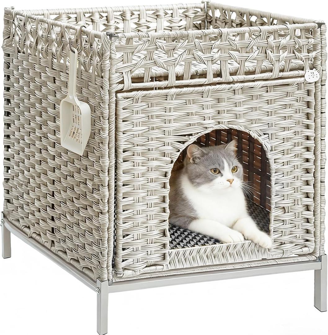 Homegroove Cat Beds for Indoor Cats, 18.5x20.5x19.1 inch Large Cat Bed Cave Cat Hideaway with Soft Litter Mat, Comfortable Handwoven Rattan Cat House Indoor for Living Room, Bedroom (Grey)