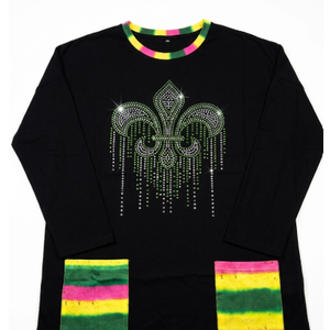 Women's Bold Black Long Sleeve Tunic | Vibrant Tie-Dye Accents & Stunning Rhinestone Fleur-de-lis | Unique Casual Comfort, Small