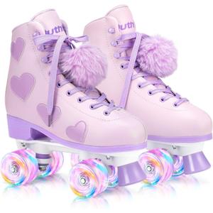 Women's and Girl's Classic Roller Skates with Light up Wheels and Love Heart Pattern, High-top PU Leather Rollerskates (Women's 5 / Youth's 4, BLACK)