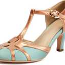 Elerhythm Women's Mary Jane Rockability Tear Cut Close Round Toe T Strap Vintage 1950s Heels Retro 1920s Victorian Pumps Shoes (Blue, 6)