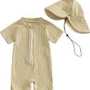 Toddler Baby Boys Seersucker Short Sleeve One Piece Rash Guard Swimsuit Zipper Bathing Suit Swimwear with Ha, 6-12 Months, Khaki