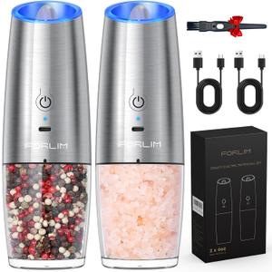 FORLIM Gravity Electric Salt and Pepper Grinder Set, USB Rechargeable 9oz Large Capacity Salt Grinder, Automatic One-Click Grinding One Hand Operated Adjustable Coarseness Pepper Mill(Silver) (XL)