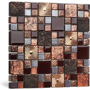Blujellyfish Red Wine Colors Glass Tile 2'' x 2'' Leaf Carving Imprints Antique Mosaics Textured Rose Gold Metal Kitchen Bathroom Walls Backsplash Tiles (Pack of 5 Square Feet)