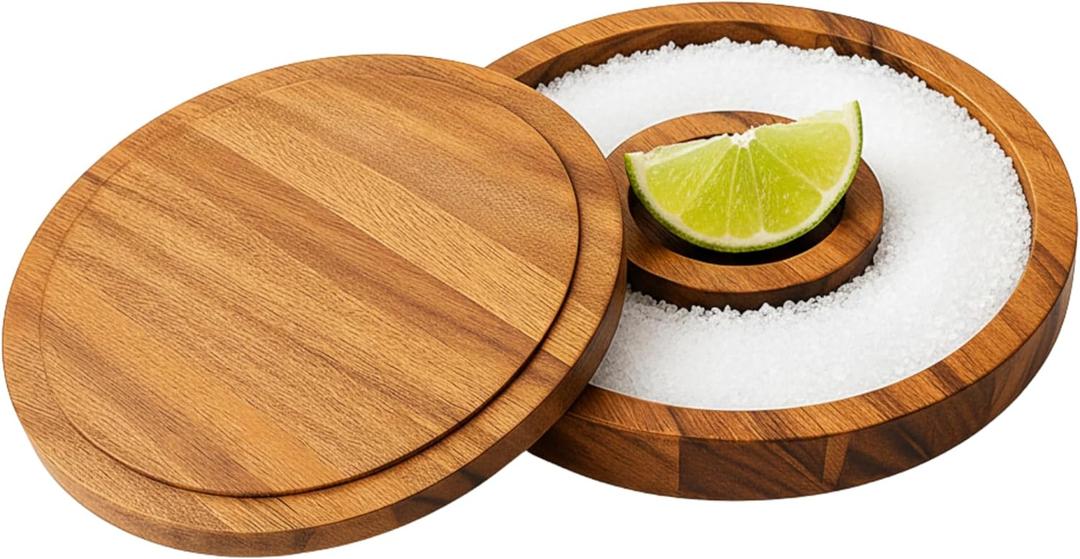 OVENTE Margarita Salt and Sugar Rimmer with Lid, Acacia Wood Glass Rimmer for Cocktail Drinks, Mess-Free Bar Salt Container, Bartender Tool for Coating Mojito, Bloody Mary and More, Brown AWCR616B