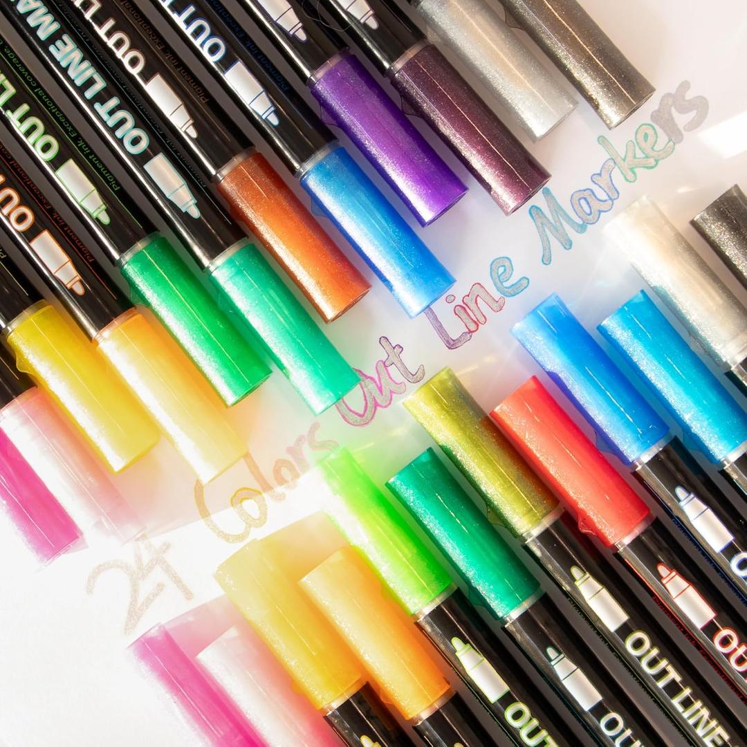 24-Pack Shimmer Silver Outline Pens, Glitter Markers Metallic Ink Waterproof Quick-Dry Low-Odor Fiber Tip for Journals Greeting Cards Bullet Notes Vibrant Durable