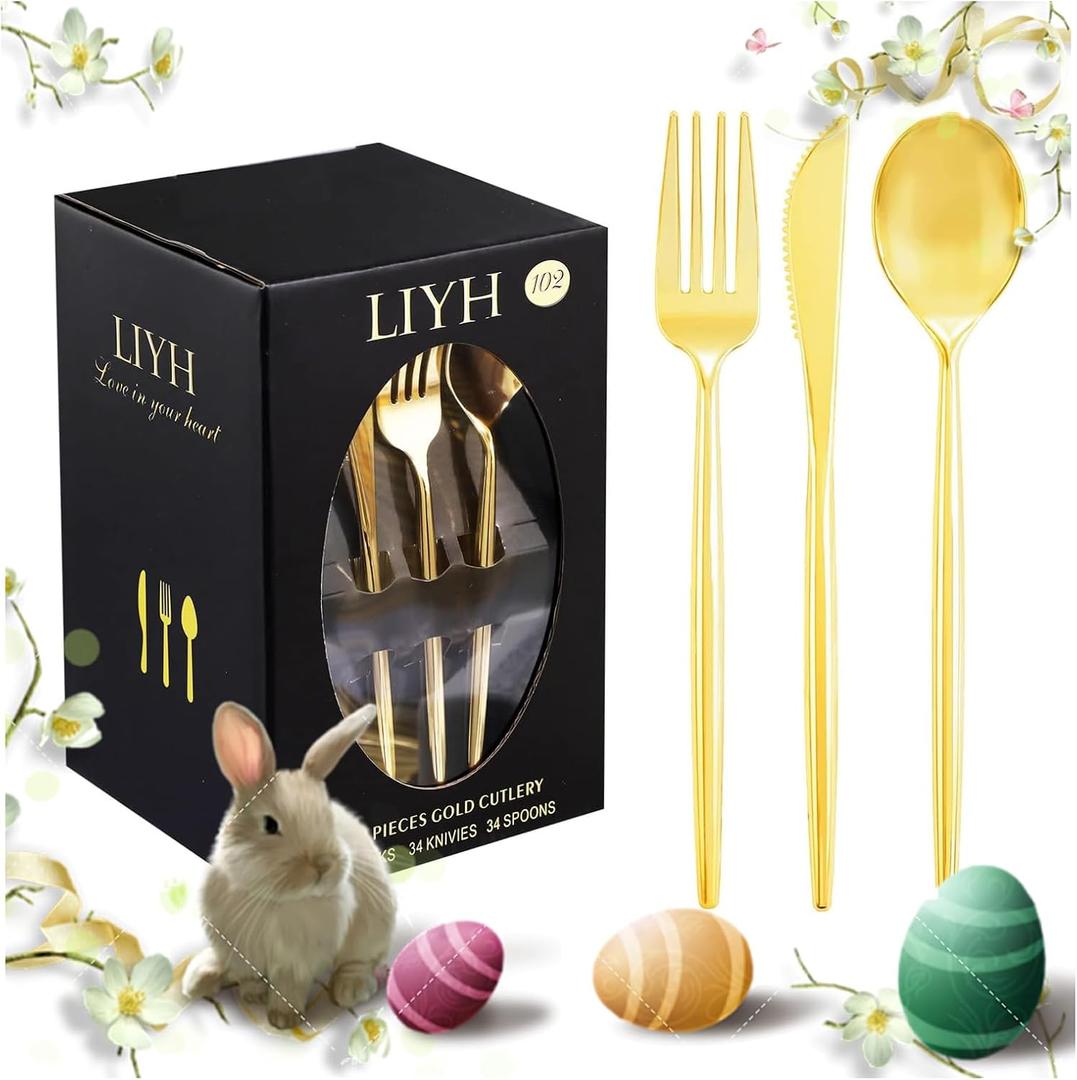 LIYH 102 Pcs Gold Plastic Silverware Disposable, Plastic Gold Utensils Heavyduty - Disposable Cutlery Includes Knives Forks and Spoons for Party, Birthday,Wedding Events