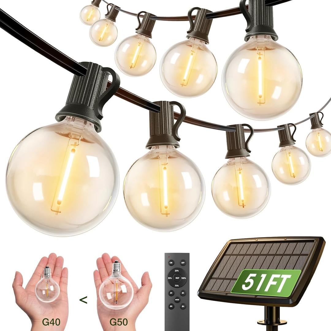 Addlon 50FT Solar String Lights for Outside G50 Waterproof with USB Port Solar Patio Lights Outdoor Solar Powered LED Bulbs 3 Light Modes for Backyard Porch Garden Market Bistro Camping