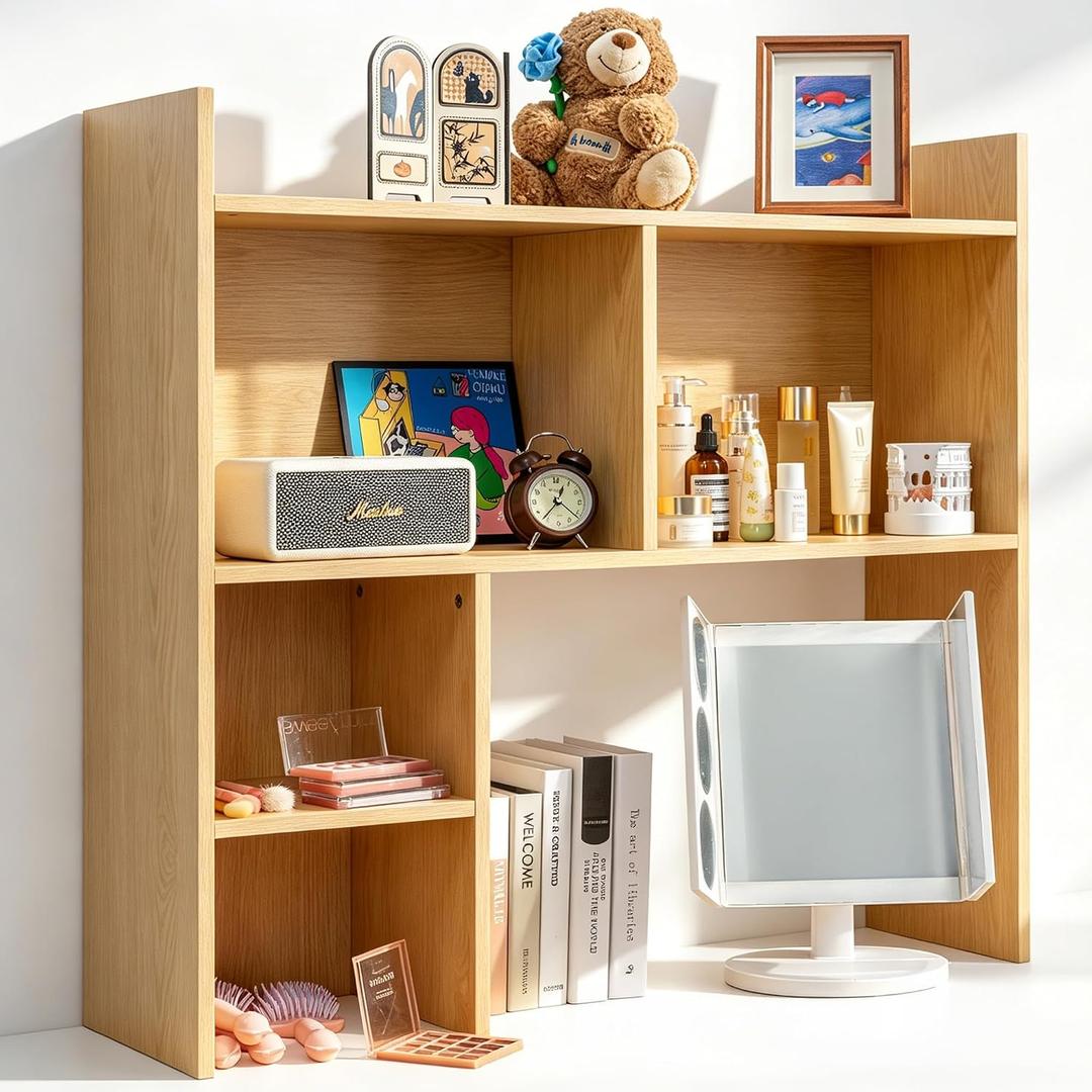 deli Desktop Shelf, Desk Hutch with 5 Shelves for Computer Desk, Natural