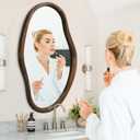 JJUUYOU Asymmetrical Mirror Irregular Bathroom Wall Mirror 34"x22" Large Wooden Frame Modern Hanging Mirrors Wall Mirrors for Makeup Bathroom Living Room Brown
