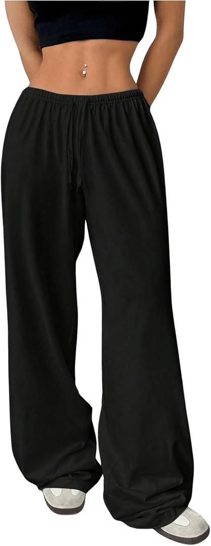 RoseSeek Women's Drawstring Waist Straight Streetwear Long Wide Leg Pants Casual Loose Baggy Workout Long Fall Sweatpants (Black, S)