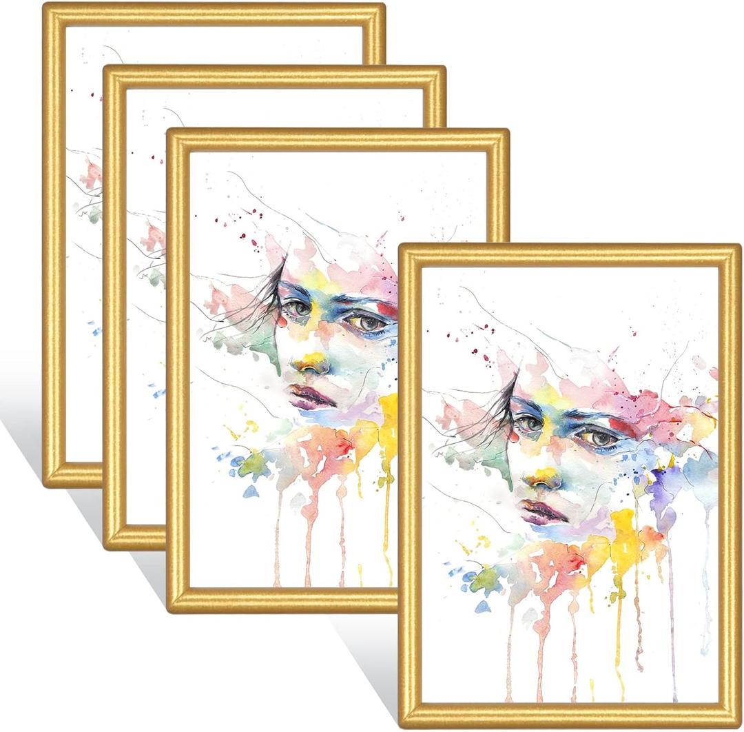 3.5x5 Small Picture Frame Set of 4, Gold Wallet Size Photo Frames for 3.5 x 5, Display Horizontal & Vertical for Desktop and Wall Hanging, Matte Golden Metal Thin Modern (4 Pack)