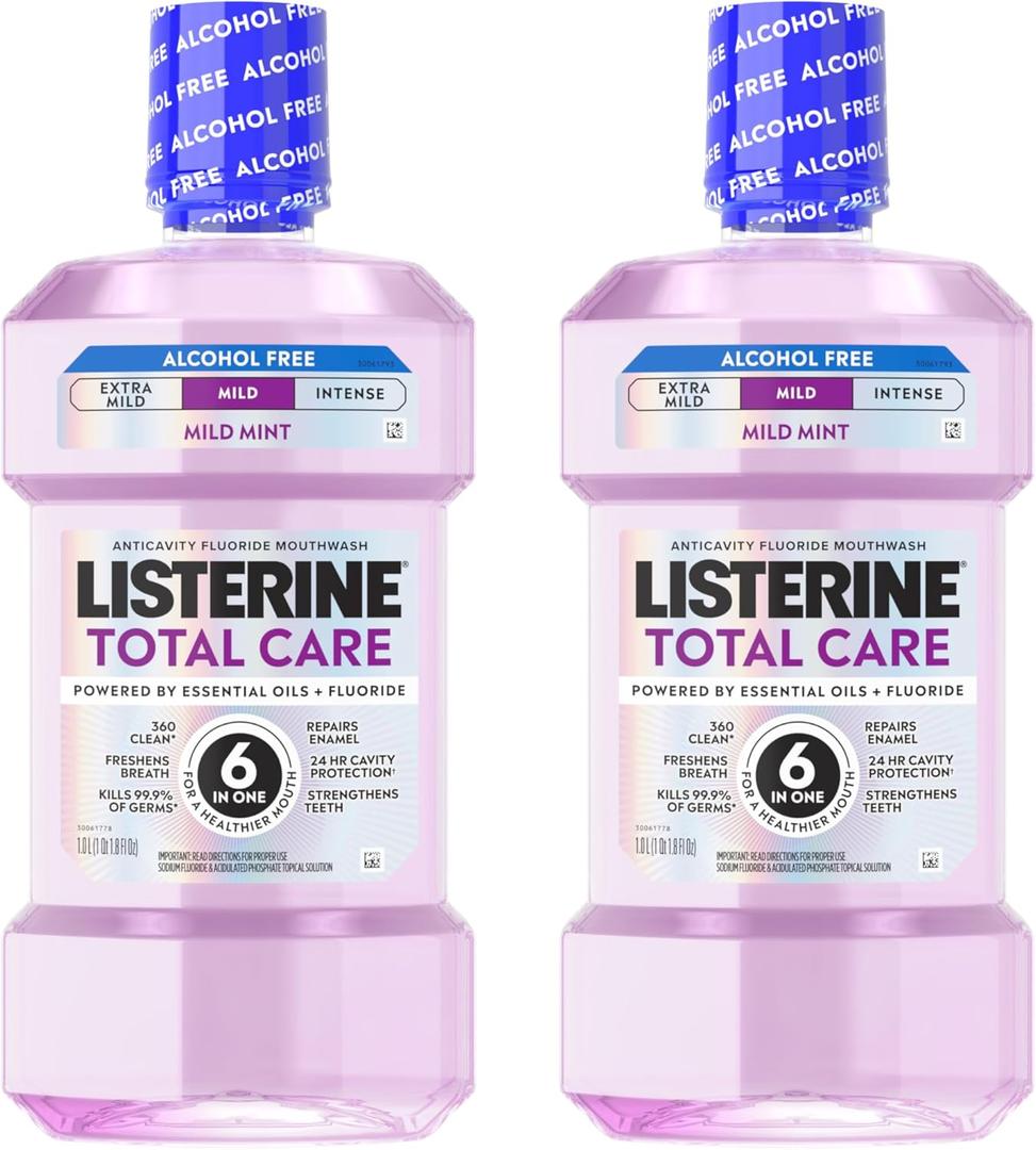 Listerine Total Care Alcohol-Free Mild Mouthwash, 6 Benefit Oral Rinse to Help Kill 99.9% of Germs That Cause Bad Breath, Strengthen Enamel, Mild Mint Flavor, Twin Convenience Pack, 2 x 1 L
