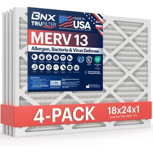 BNX TruFilter 18x24x1 Air Filter MERV 13 (4-Pack) - MADE IN USA - Electrostatic Pleated Air Conditioner HVAC AC Furnace Filters for Allergies, Pollen, Mold, Bacteria, Smoke, Allergen, MPR 1900 FPR 10
