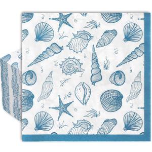 100 Pack Sea Shell Paper Napkin Blue Ocean Beach Shell Disposable Napkins Summer Nautical Luncheon Napkins Under the Sea Decorative Dinner Hand Napkin for Party Supplies, 6.5 x 6.5 Inch