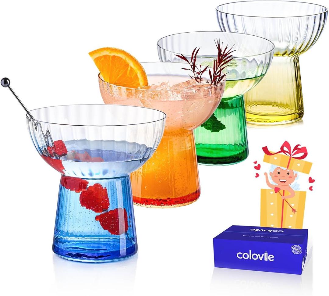 ColoVie Stemless Margarita Glasses Set of 4-13oz Ribbed Colored Glassware - Premium Hand-Blown Lead-Free Crystal - Aesthetic Rippled Cocktail Cups for Party, Cinco de Mayo, Home Bar - Gift Box