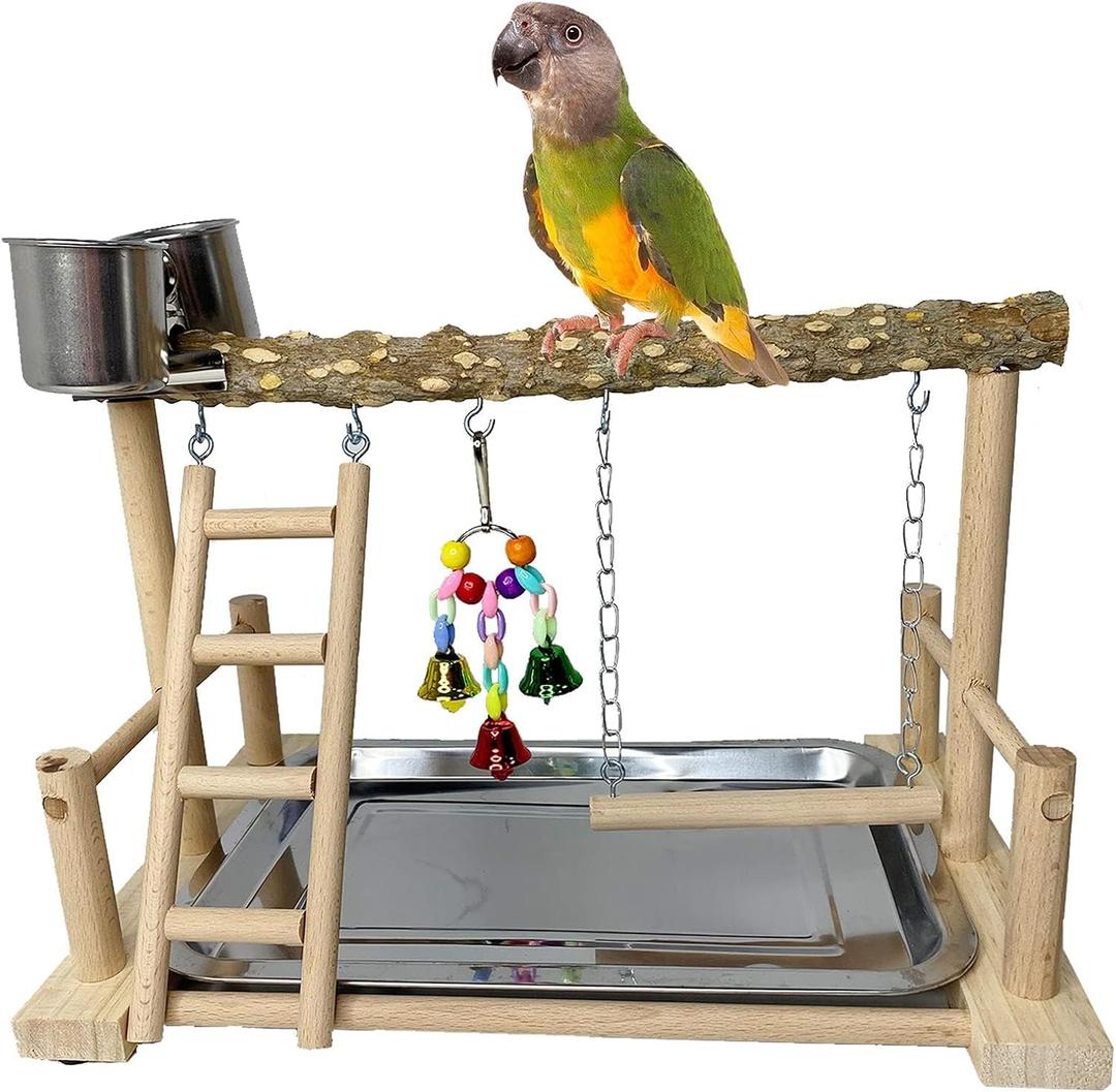 kathson Parrots Playground Bird Perch Wood Playstand Stand with Ladder Swing Feeder Cups Chew Toy for Parakeet Conure Cockatiel Budgie Lovebird Finch Small Birds