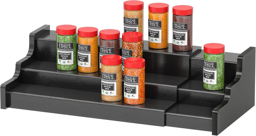 Spice Rack Kitchen Cabinet Organizer- 3 Tier Bamboo Expandable Display Shelf Black