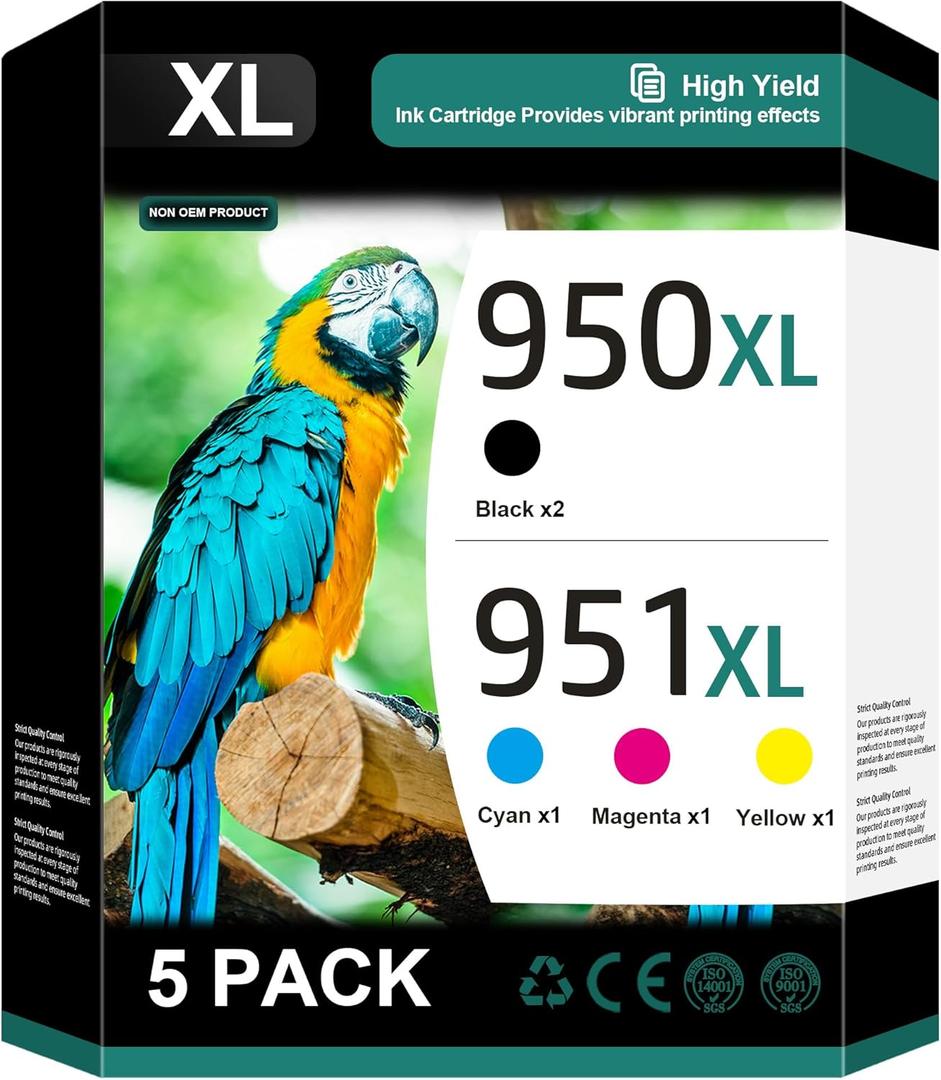 950XL and 951XL Ink Cartridges Combo pack (5-Pack) Replacement for HP 950XL 951XL Ink Cartridges for HP Printers OfficeJet 8600 Series Pro 251dw, 8100, 8600 Series,C2P01FN, 2 Black,Cyan,Magenta,Yellow