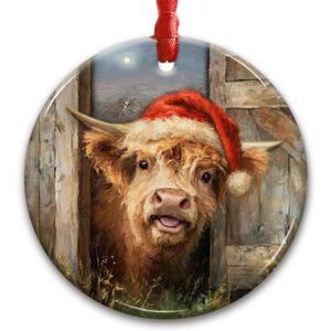 5 x Highland Cow Christmas Ornament 2025 - Cute Farm Animal Peeking with Santa Hat Decoration - Rustic Farmhouse Cattle Decor, Gifts for Cow Lovers, Women, Kids, Family
