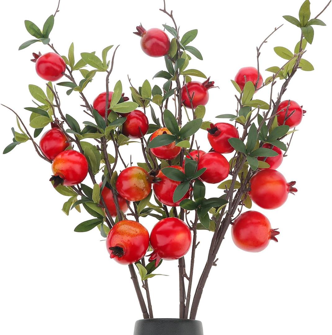Woration 3PCS Artificial Pomegranate Tree Branches 37.4 inch Fake Vivid Fruit Pomegranate Berries Branches Lifelike Props Vase Home Party Decoration