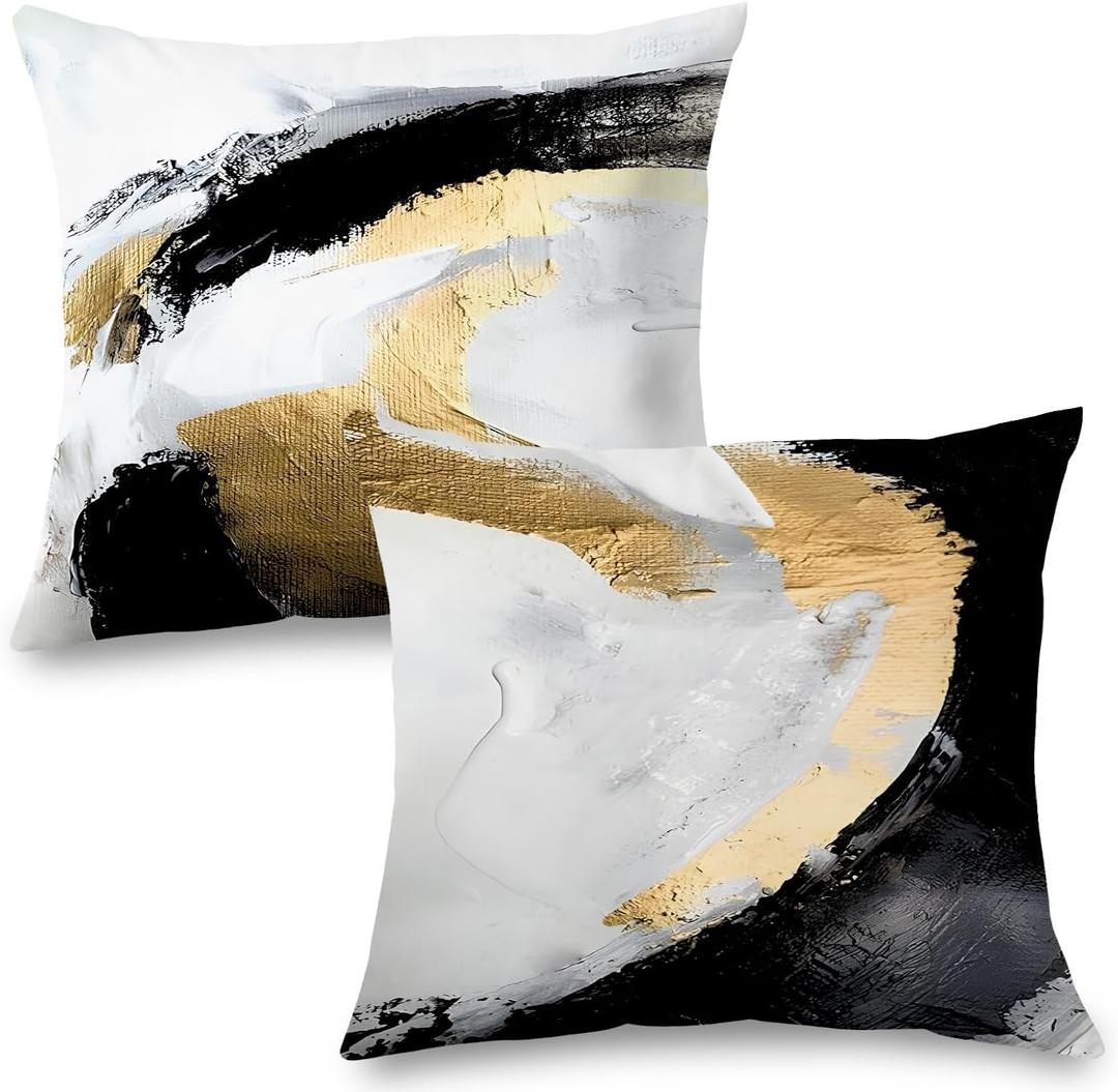 Abstract Black White and Gold Pillow Covers 24x24 Set of 2 - Modern Pillow Covers, Modern Home Decor, Black and Gold Decorative Pillows Cover for Couch Living Room Bedroom