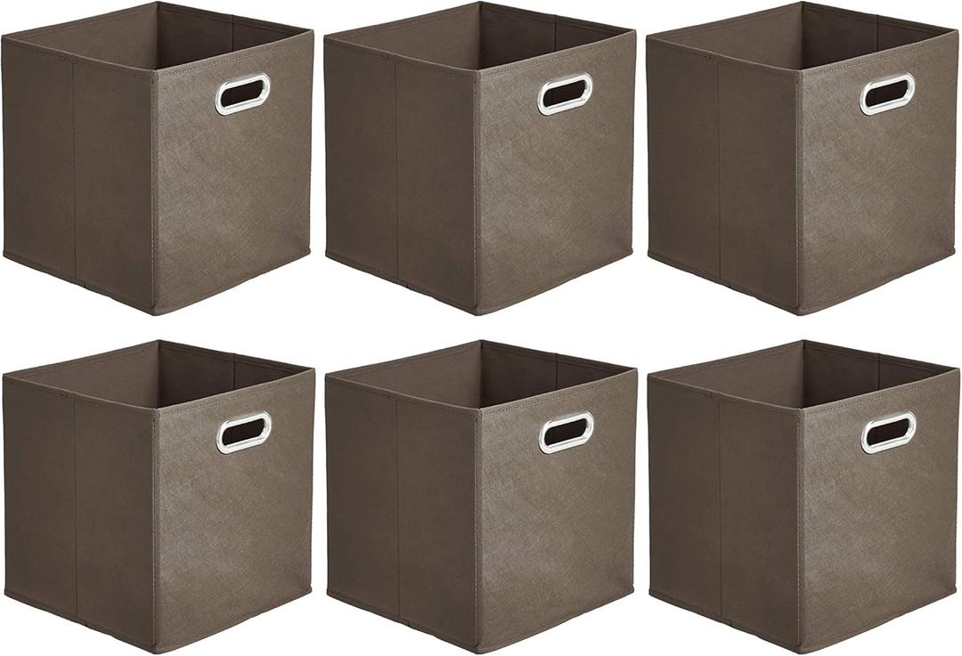 Amazon Basics Collapsible Fabric Storage Bins with Handle, Sturdy Space-Saving Cube Organizer, 10.5" x 10.5" x 11", Taupe, 6-Pack