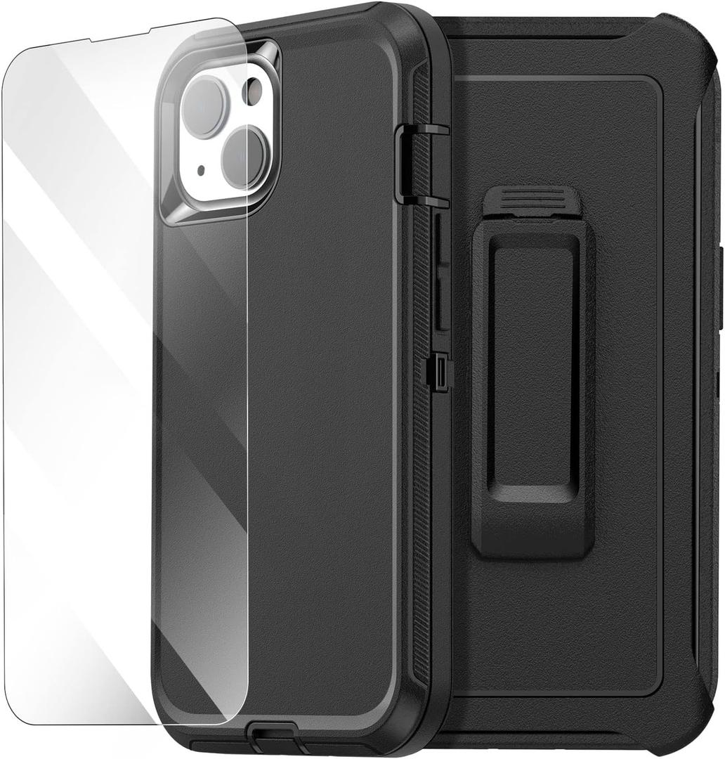 AICase Belt-Clip Holster Case for iPhone 14 Case (6.1") with Glass Protector,Heavy Duty Drop Protection Full Body Rugged Shockproof/DustProof Military Grade Tough Durable Cover for iPhone 14
