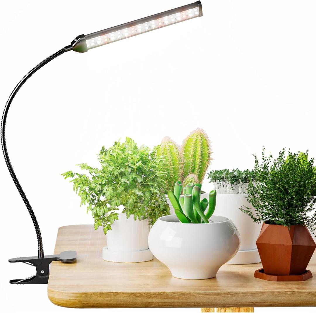 GooingTop Grow Light for Indoor Plants Growing,5000K White Full Spectrum Gooseneck Plant Lamp with Red Blue LED Clip Desk for Pot Plant Seed Starting,Dimmable with Auto Timer