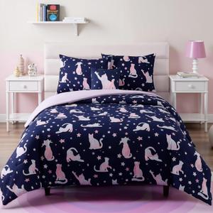 Full Size Comforter Set for Girls-4 Pieces Cat Patterns Full Bedding Set with 1 Comforter, 1 Decor Pillow &2 Pillow Shams