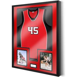 Juexica Jersey Frame Display Case Jersey Shadow Box 32 x 24 Inch with Photo and Signature Display with Tempered Glass Cover for Football Baseball Basketball Hockey, Mens Sport Fans Gift(Black Red)