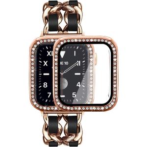 Mosonio Compatible for Apple Watch Band 44mm with Screen Protectors Case Women, Jewelry Bracelet Metal Bands with 2P Bling Cover for 44mm iWatch Series SE 6 5 4(Rose Gold Link with Black Leather)