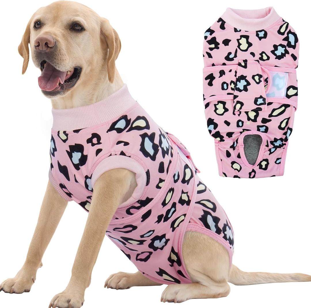 FUAMEY Recovery Suit for Dogs After Surgery,Soft Breathable Dog Bodysuit E-Collar & Cone Alternative Surgical Suit,Male Female Dog Neuter Spay Suits Anti Licking Wounds Onesie Pink Leopard XL (XL(Back:20.1-24.8in,WT:42-75lbs))