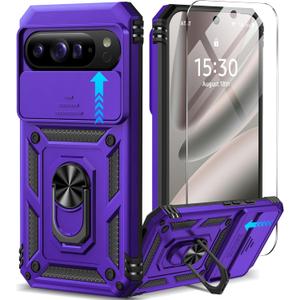 Taisairu for Google Pixel 10 Pro XL Case with Screen Protector & Slide Camera Lens Cover,Built-in 360Rotate Magnetic Ring Stand Shockproof Protective Phone Case for Pixel 10 Pro XL Case (Purple)
