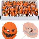 Chengu 100 Pcs Halloween Pumpkin Cocktail Drink Umbrella Picks, Spooky & Colorful Paper Toothpicks with Pumpkins Cocktail Umbrellas Fruit Cupcake Topper Sticks for Halloween Party Decorations