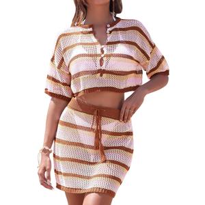 HUUSA Women's 2 Piece Crochet Swimsuit Cover Ups 2025 Hollow Out Bathing Suit Coverup Beach Outfits Crop Top and Skirt Sets (Large)