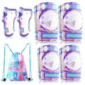 NEMONE Mermaid Knee Pads for Kids, Girls Boys Knee Elbow Pads Wrist Guards with Drawstring Bag, Adjustable Reflective Protective Gear Set for Roller Skates Bike Cycling Skateboard Scooter (Medium, Purple)