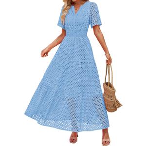 ZESICA Women's 2025 Summer Short Sleeve Maxi Dress Casual V Neck Hollow Out Eyelet Ruffle Swing A Line Long Dresses (Medium)