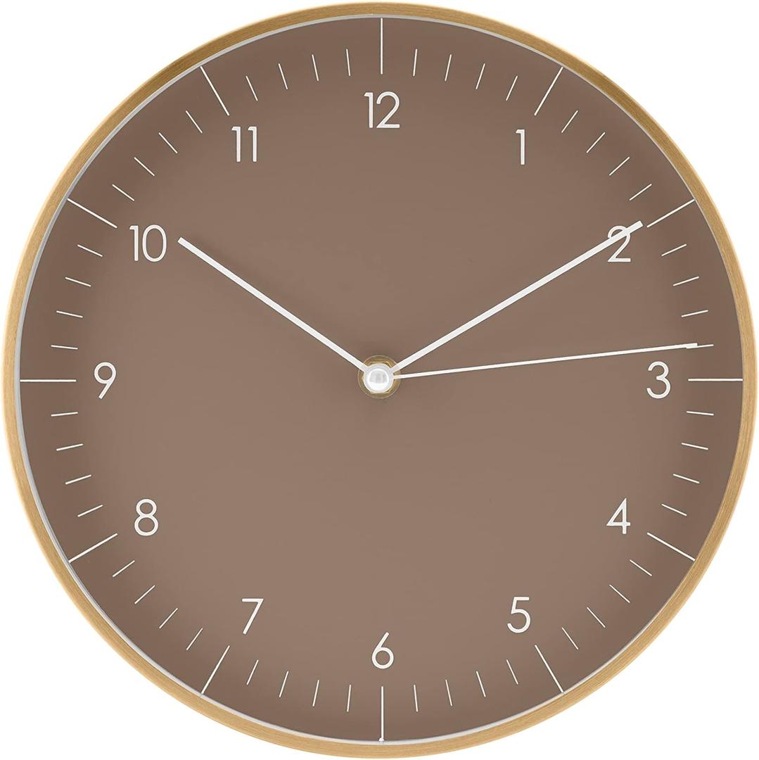 LUUK LIFESTYLE 10 Wall Clock with Silent Movement, Minimalist Scandinavian Design, Kitchen Clock, Decoration for Living Room, Bedroom, Hallway, Housewarming Present, in Brown and Gold