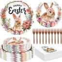 200 Pcs Easter Plates and Napkins Bulk Set, Disposable Dinner Plates, Vibrant Rabbit Floral Easter Decorations Includes Platters Napkins Forks, Spring Tableware for Egg Hunt Party Holiday Supplies