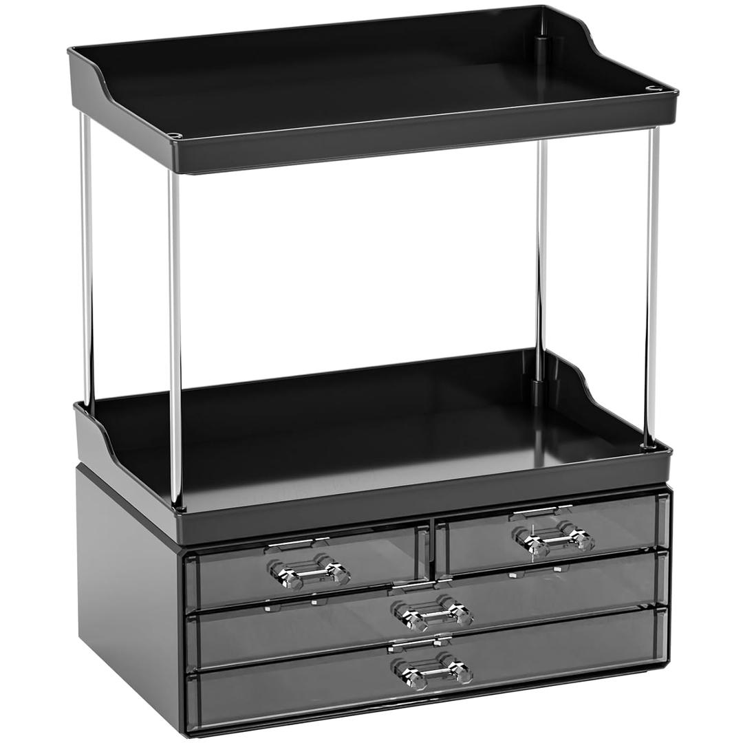 Yieach Bathroom Counter Organizers and Storage,Black Acrylic Makeup Organizers with Drawers for Vanity,Bedroom,Plastic Skincare Organizer for Dresser Top Beauty,Cosmetic,Lotion and Perfume Organizer